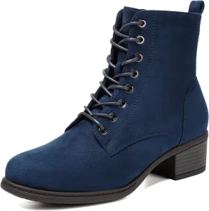 VJH confort Women's Fashion Ankle Boots Low Heels Chunky Lace-up Combat Bootie with Side Zipper