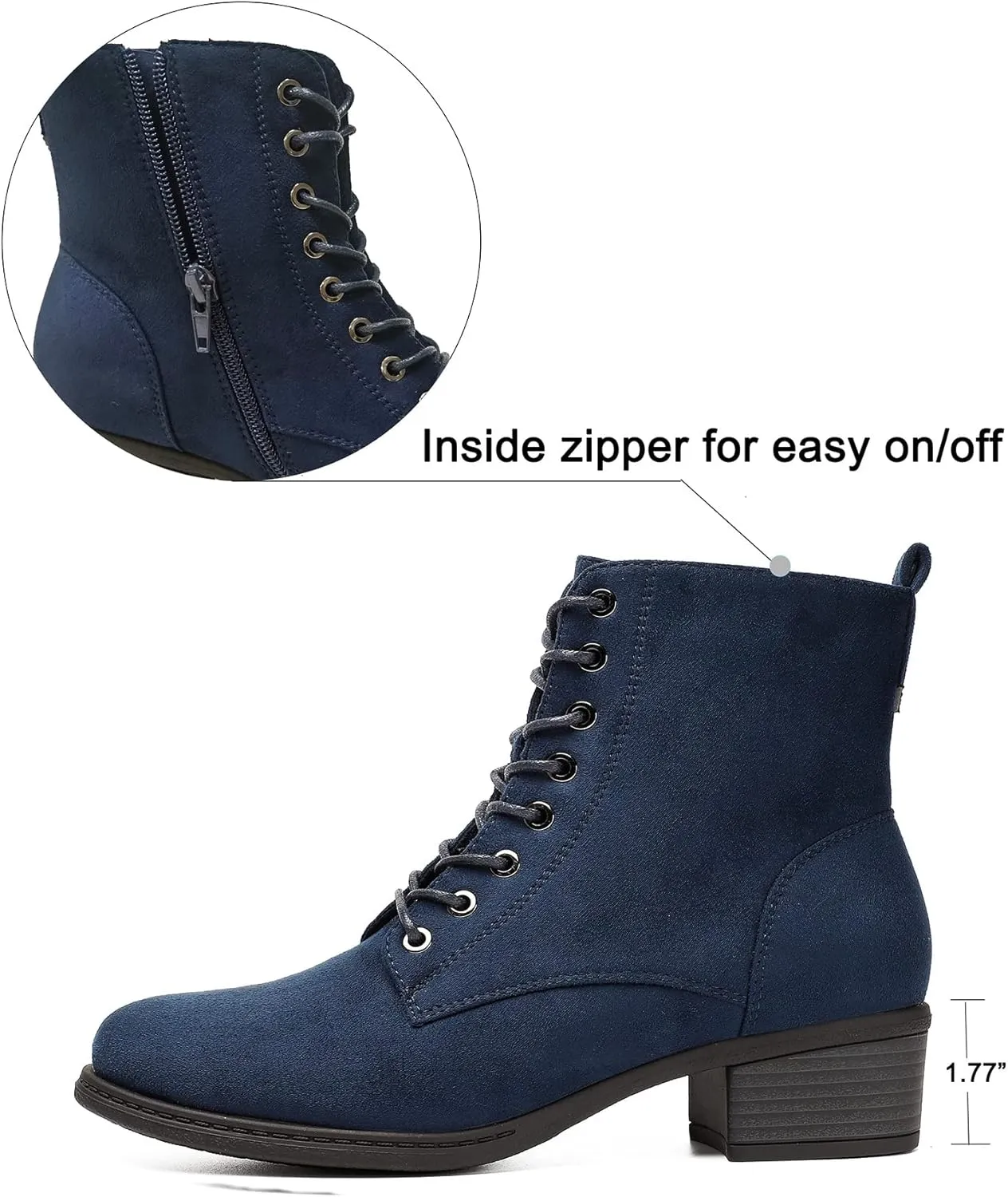 VJH confort Women's Fashion Ankle Boots Low Heels Chunky Lace-up Combat Bootie with Side Zipper