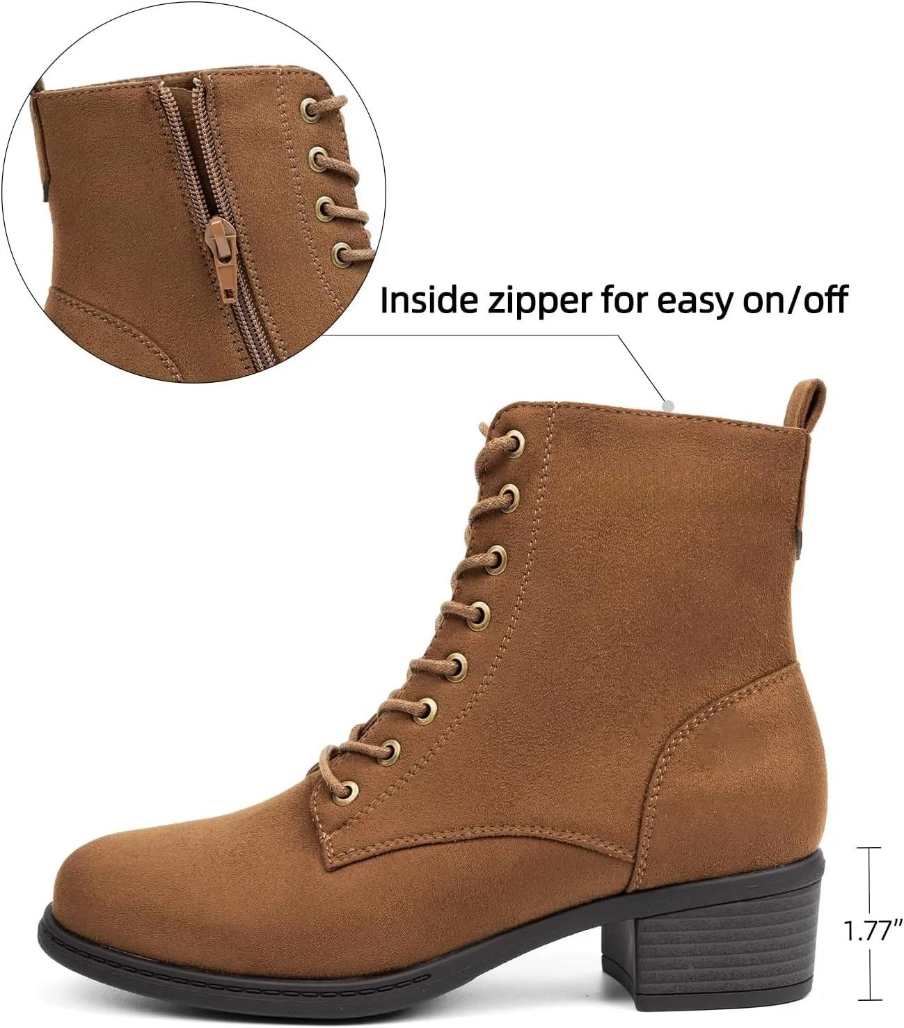 VJH confort Women's Fashion Ankle Boots Low Heels Chunky Lace-up Combat Bootie with Side Zipper