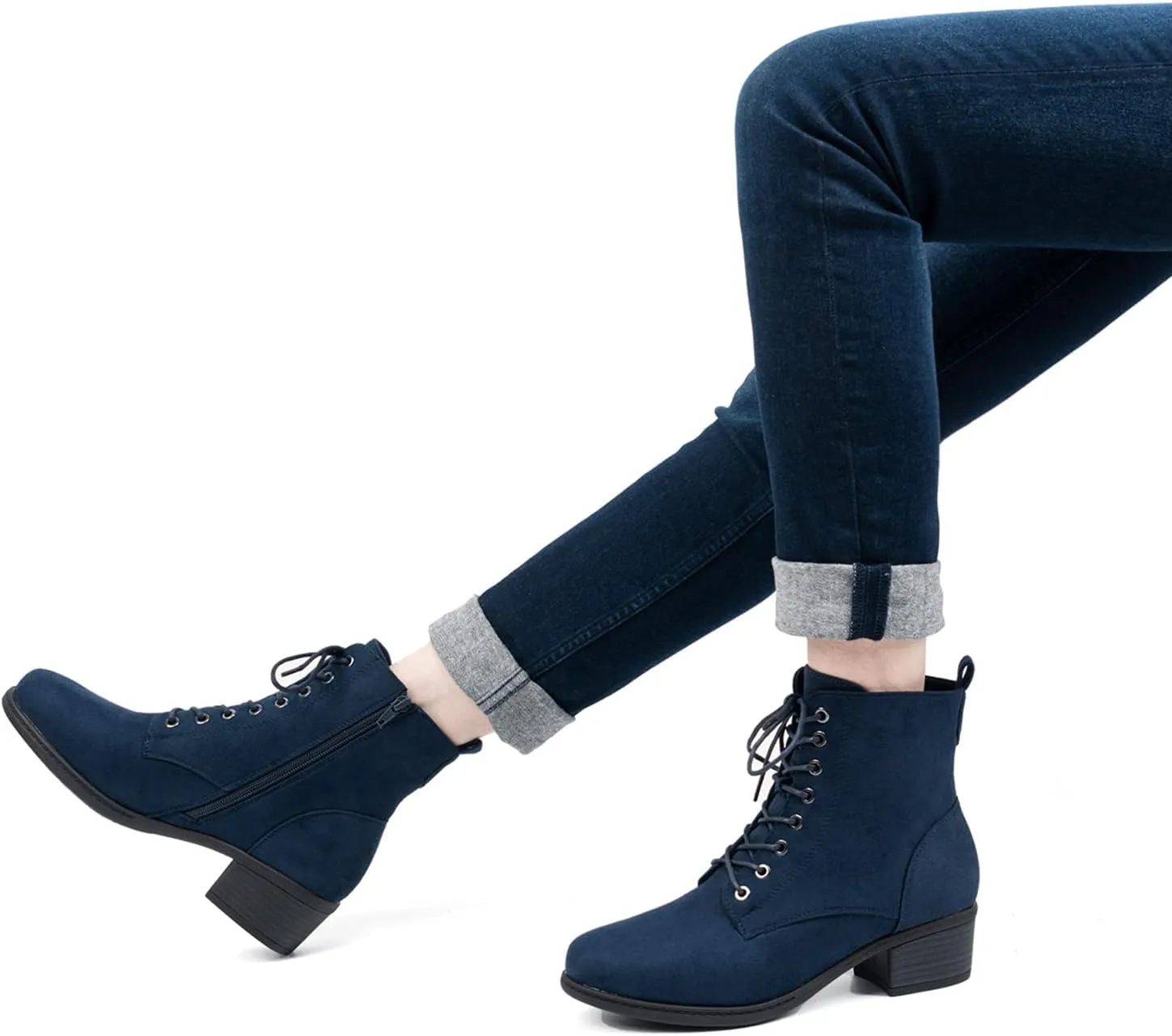 VJH confort Women's Fashion Ankle Boots Low Heels Chunky Lace-up Combat Bootie with Side Zipper
