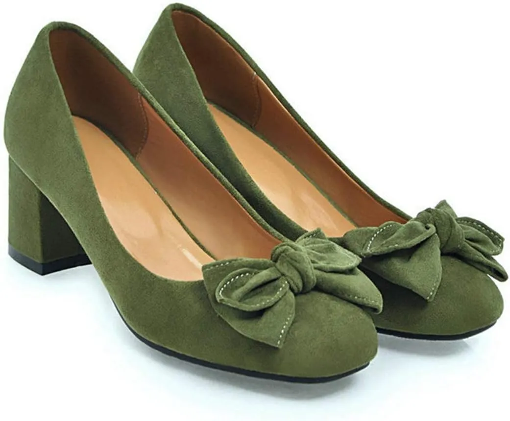 VOKLIN Women's Pointed Toe Bow Dress Pumps Suede Slip On Comfort Chunky Block Mid Heels Work Office Shoes