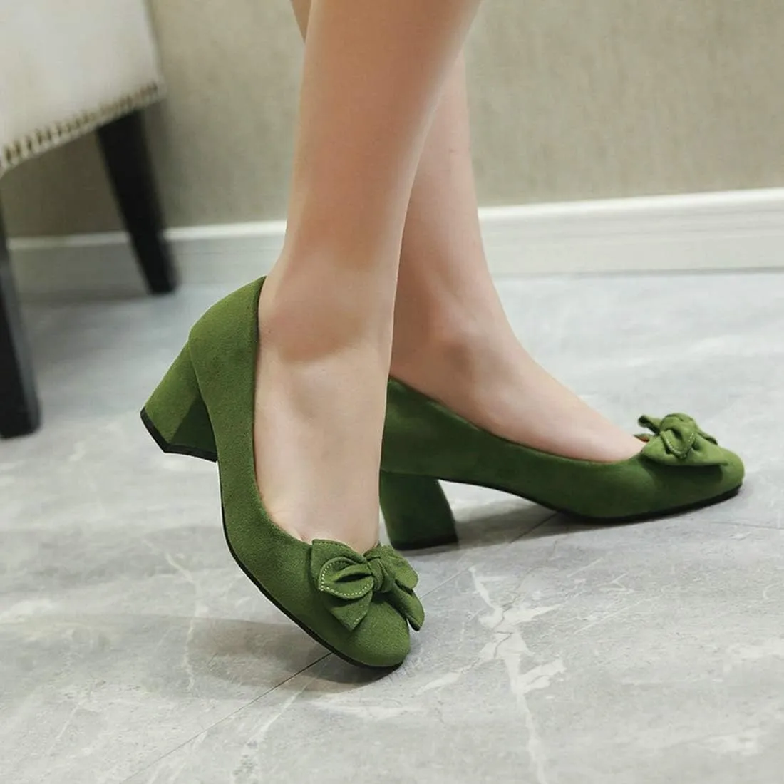 VOKLIN Women's Pointed Toe Bow Dress Pumps Suede Slip On Comfort Chunky Block Mid Heels Work Office Shoes