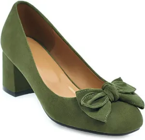 VOKLIN Women's Pointed Toe Bow Dress Pumps Suede Slip On Comfort Chunky Block Mid Heels Work Office Shoes