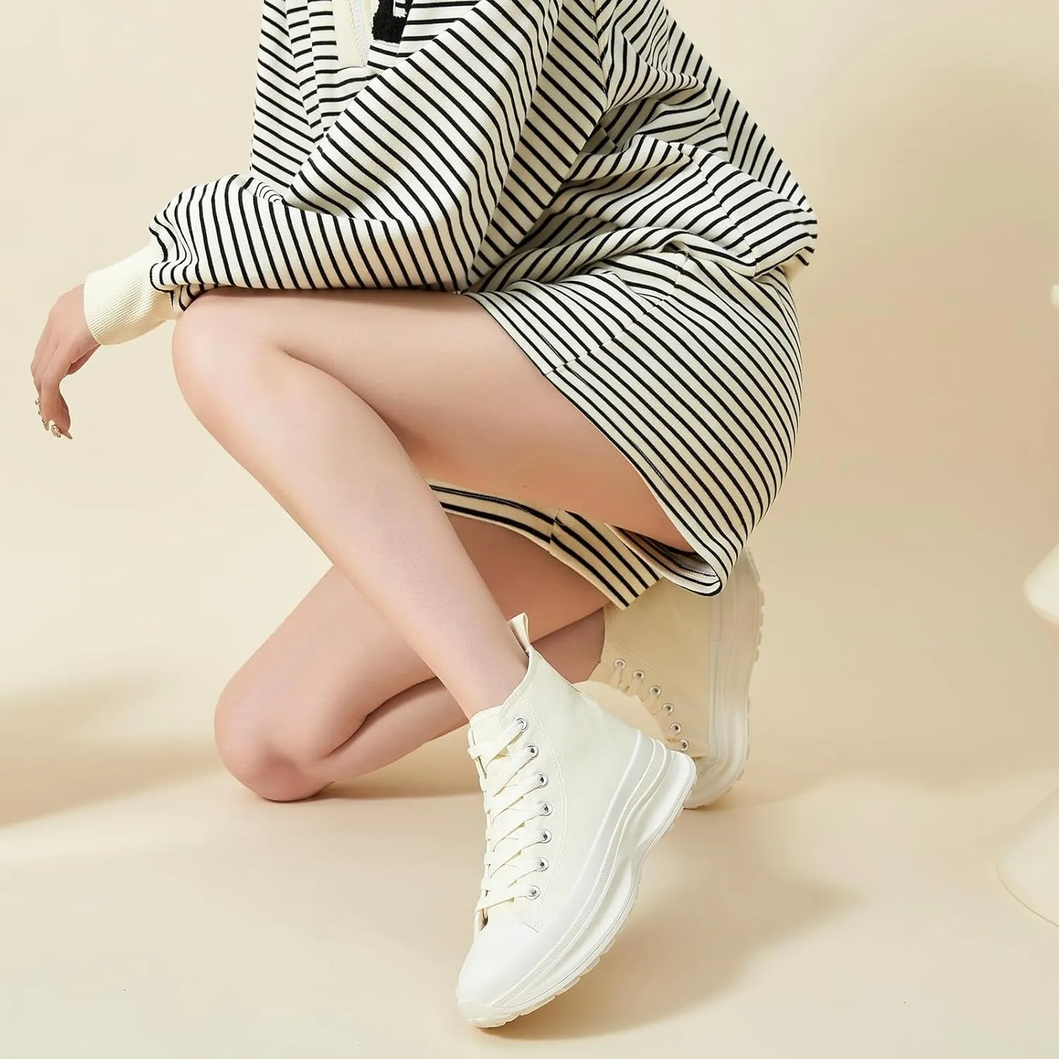 Waluzs Womens High Top Sneakers Black High Tops Platform Sneakers Lace UP Canvas Shoes White Tennis Shoes for Gym