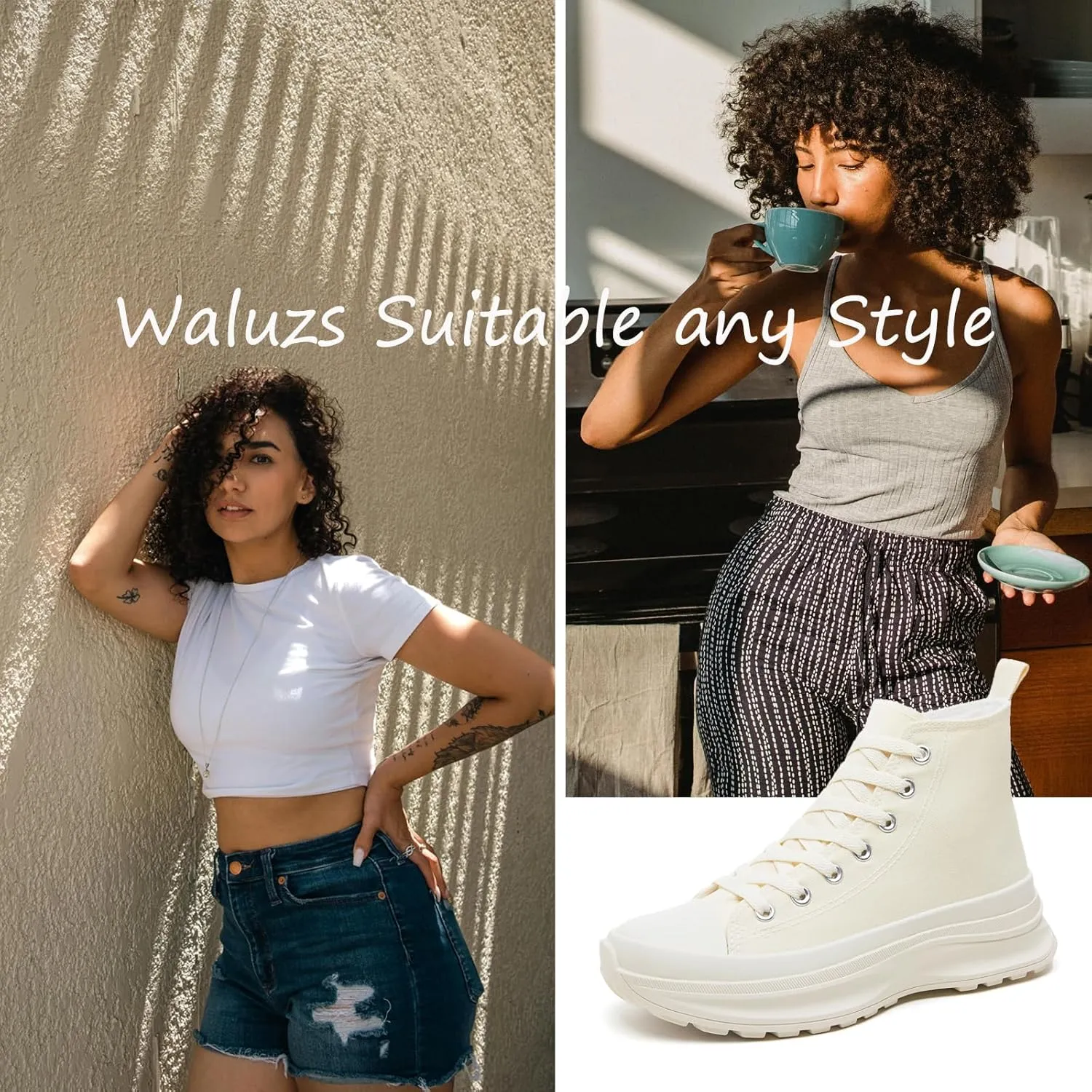 Waluzs Womens High Top Sneakers Black High Tops Platform Sneakers Lace UP Canvas Shoes White Tennis Shoes for Gym