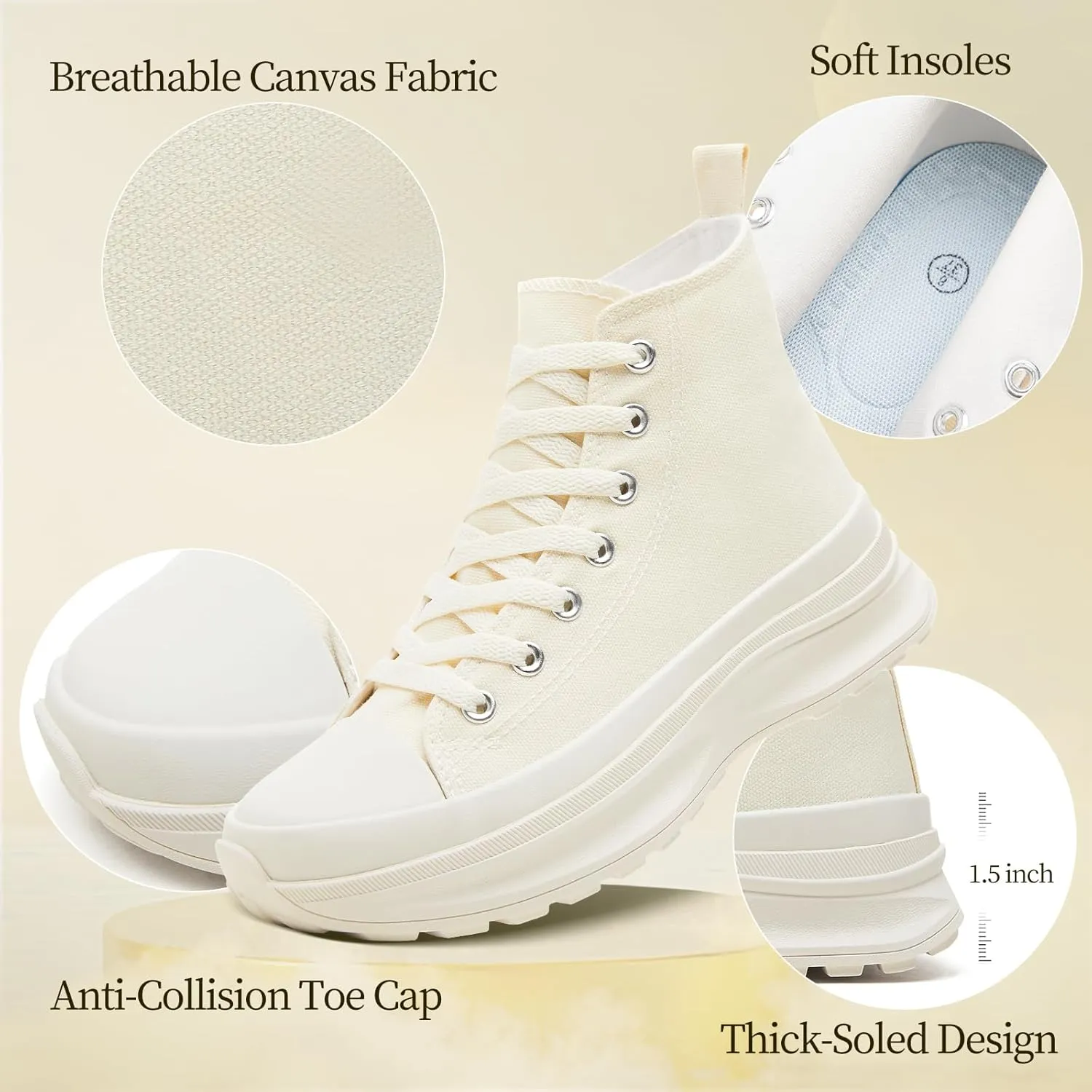Waluzs Womens High Top Sneakers Black High Tops Platform Sneakers Lace UP Canvas Shoes White Tennis Shoes for Gym
