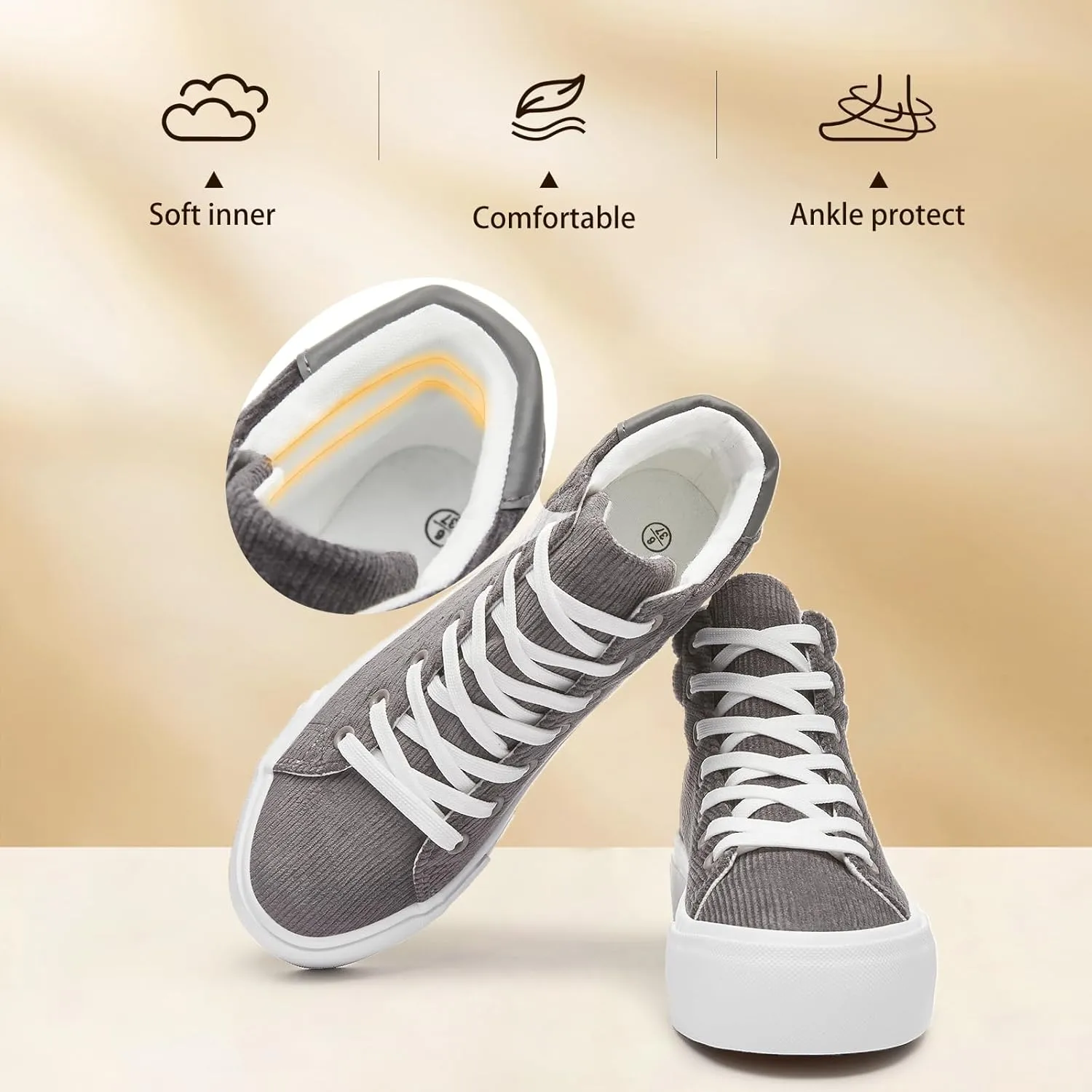 Waluzs Women's Platforms Sneakers White High Top Sneakers for Women Fashion Platform Shoes Classic Lace Up Tennis Shoes (Breathable,Comfortable)