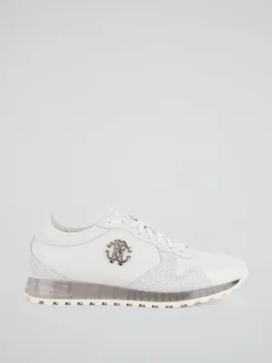 White Textured Panel Leather Sneakers