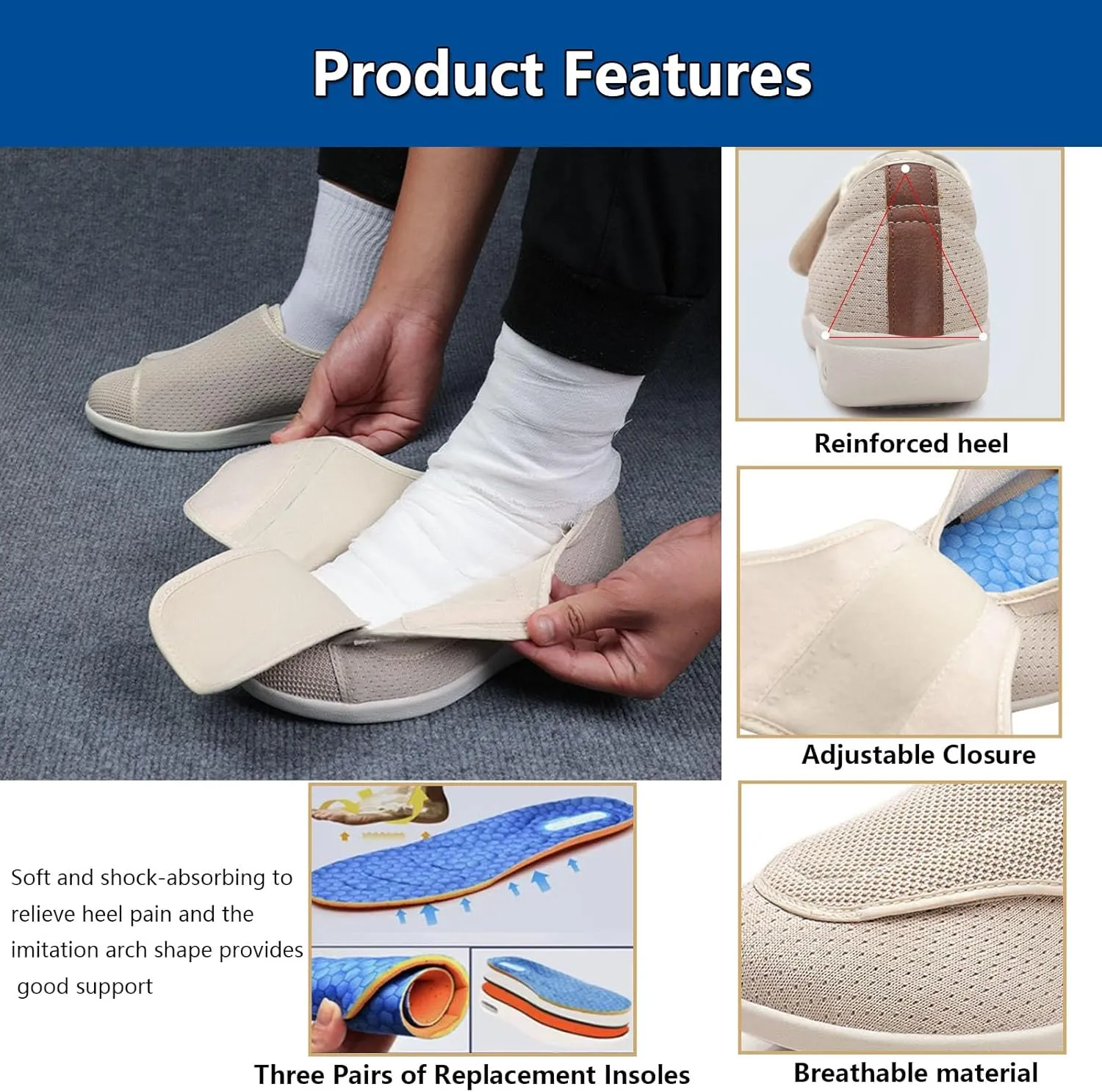 Wide Width Elderly Shoes, Comfortable Slip-On Footwear for Swollen Feet, Soft Leather Upper, Easy to Put On and Take Off (Beige US Men 10.5)