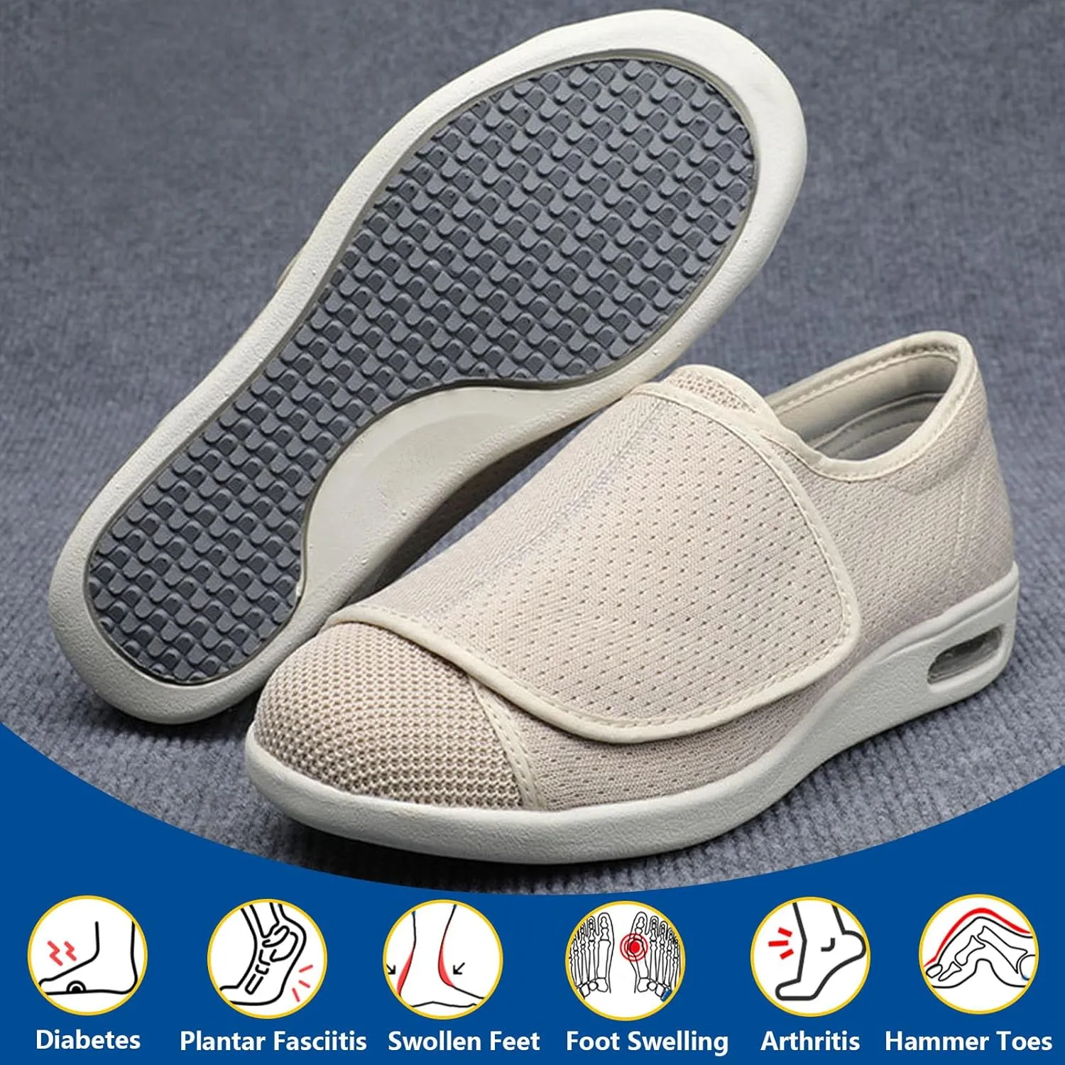 Wide Width Elderly Shoes, Comfortable Slip-On Footwear for Swollen Feet, Soft Leather Upper, Easy to Put On and Take Off (Beige US Men 10.5)
