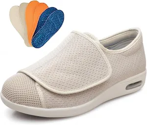 Wide Width Elderly Shoes, Comfortable Slip-On Footwear for Swollen Feet, Soft Leather Upper, Easy to Put On and Take Off (Beige US Men 10.5)