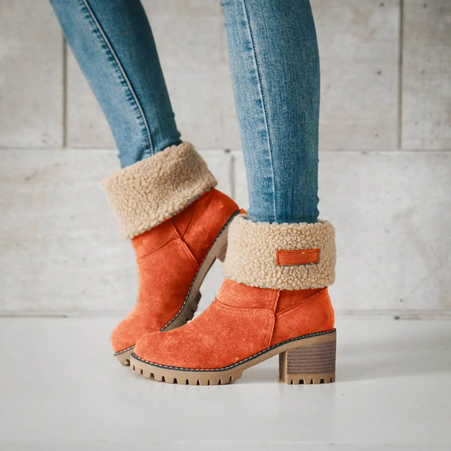Winter Boots for Women Warm Comfortable Slip On Ankle Boots for Women Chunky Heel Suede Snow Boots Fur Lined Mid Calf Boots Outdoor Shoes