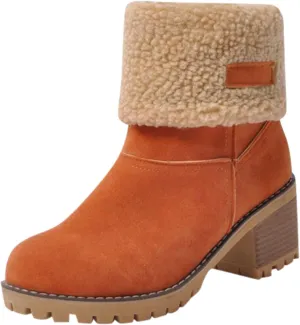 Winter Boots for Women Warm Comfortable Slip On Ankle Boots for Women Chunky Heel Suede Snow Boots Fur Lined Mid Calf Boots Outdoor Shoes