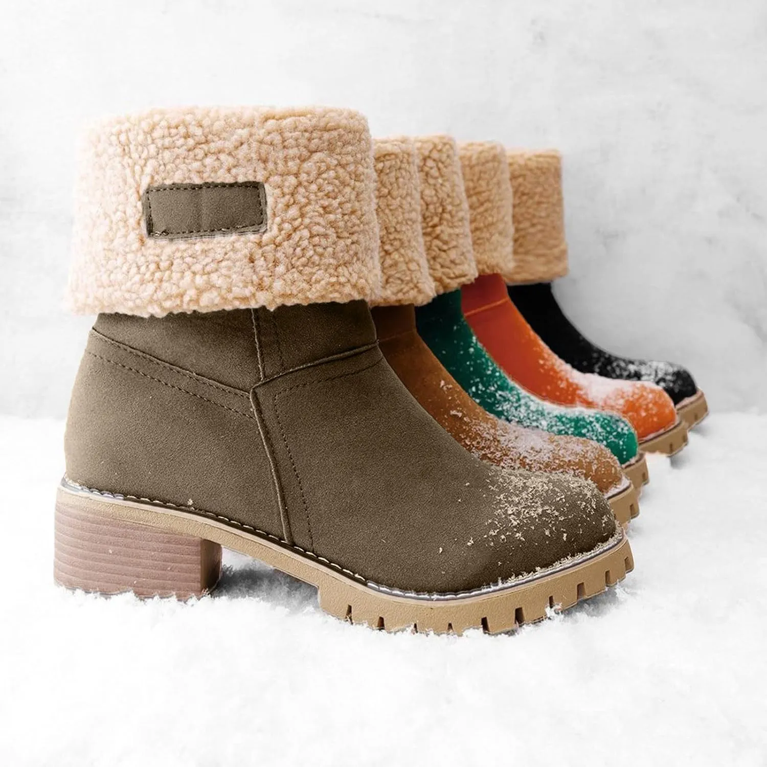 Winter Boots for Women Warm Comfortable Slip On Ankle Boots for Women Chunky Heel Suede Snow Boots Fur Lined Mid Calf Boots Outdoor Shoes