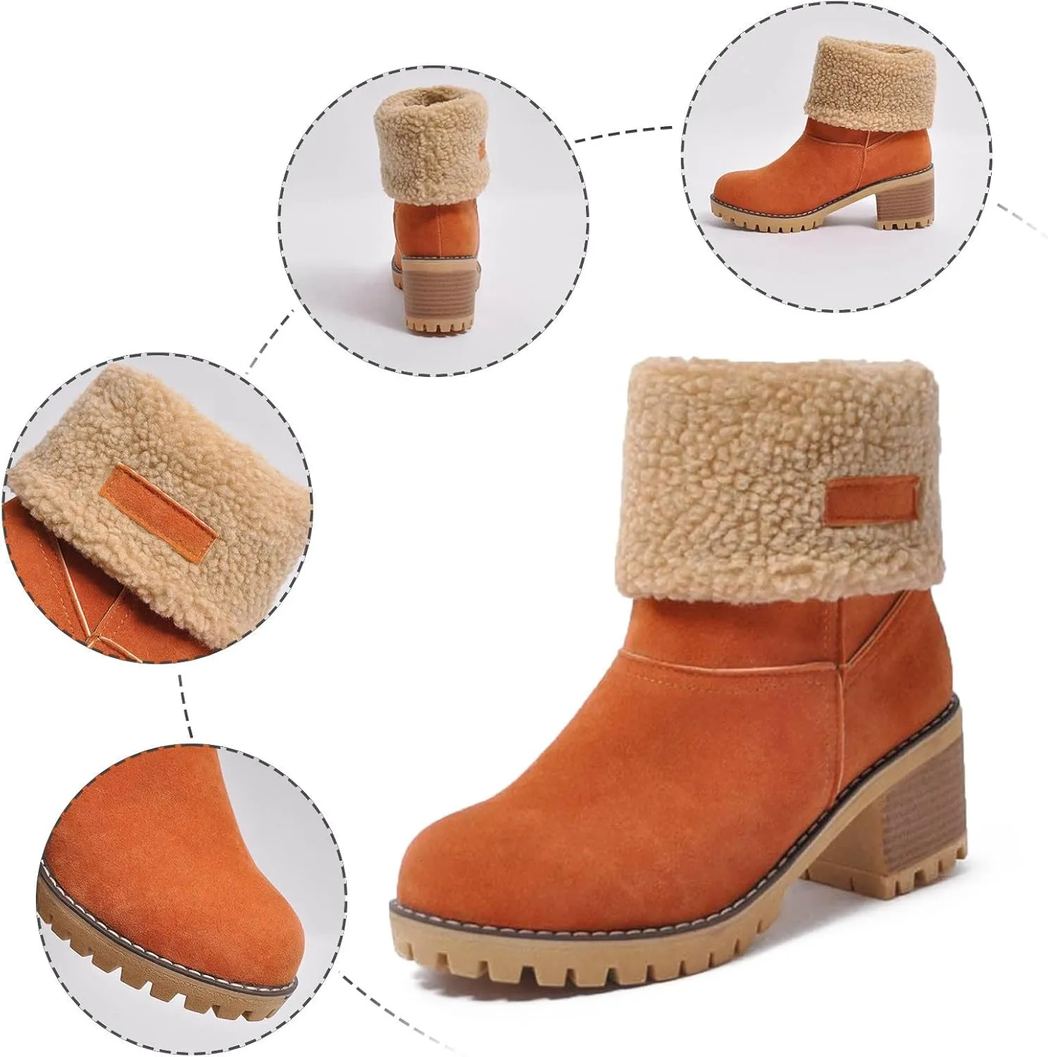 Winter Boots for Women Warm Comfortable Slip On Ankle Boots for Women Chunky Heel Suede Snow Boots Fur Lined Mid Calf Boots Outdoor Shoes