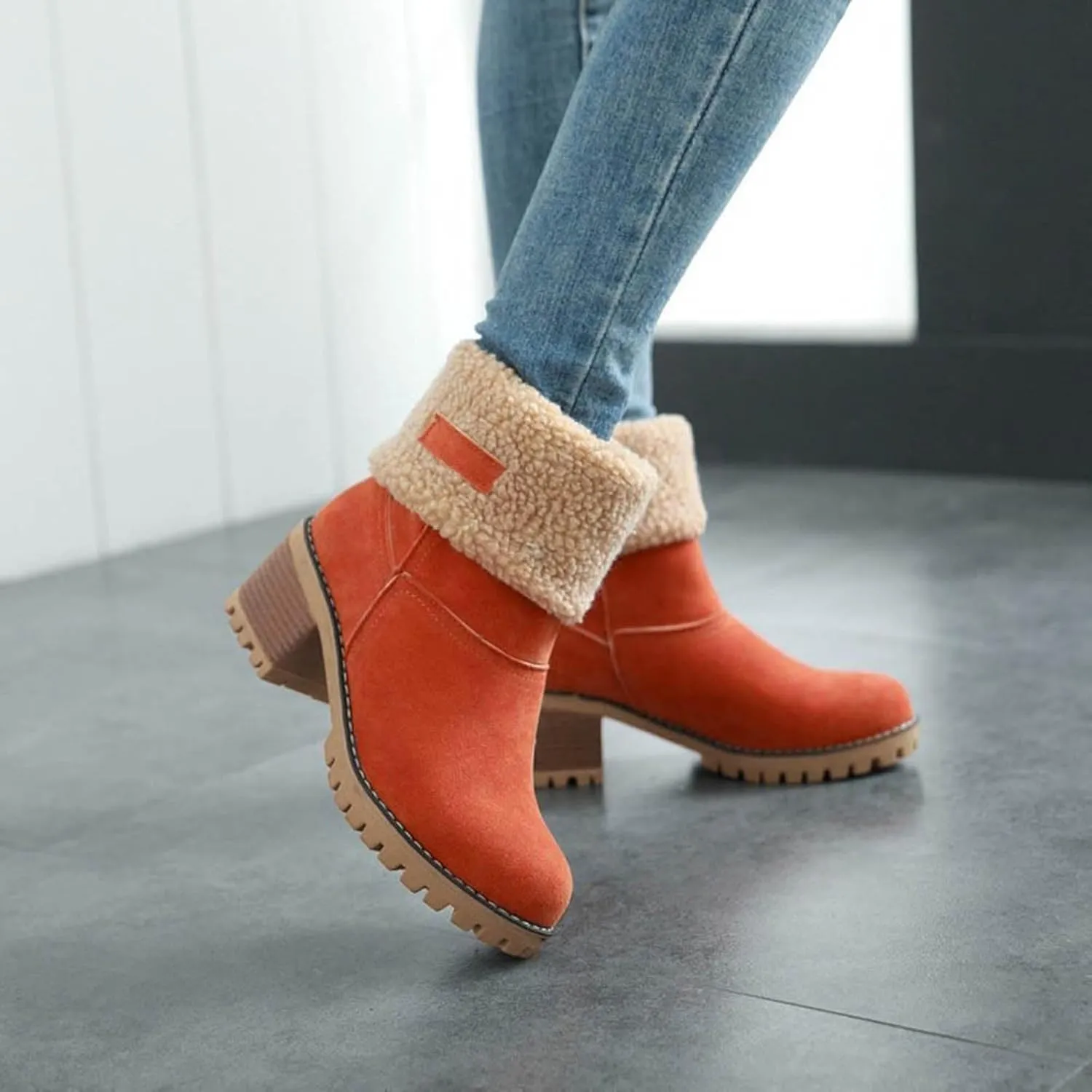 Winter Boots for Women Warm Comfortable Slip On Ankle Boots for Women Chunky Heel Suede Snow Boots Fur Lined Mid Calf Boots Outdoor Shoes