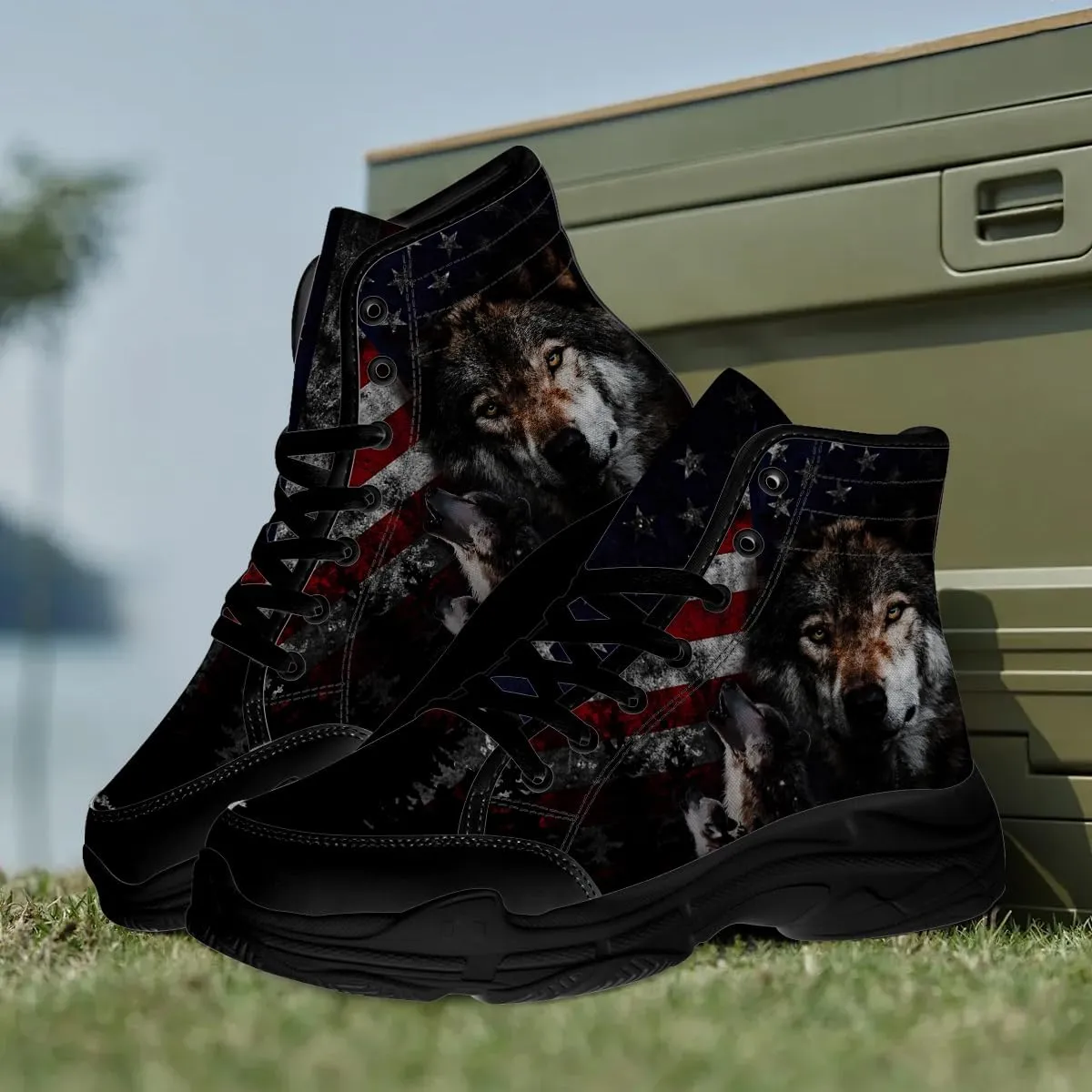 Wolf Shoes for Men Lace Up Canvas Black High Top Sneakers