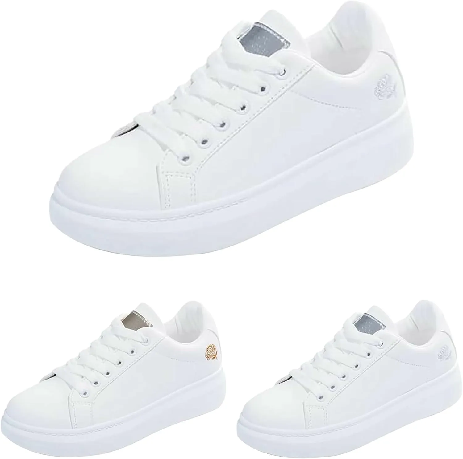 Woman Tennis Shoes White Lace Up Flat Fashion Athletic Shoes Casual Cute Lightweight Running Walking Sport Sneakers