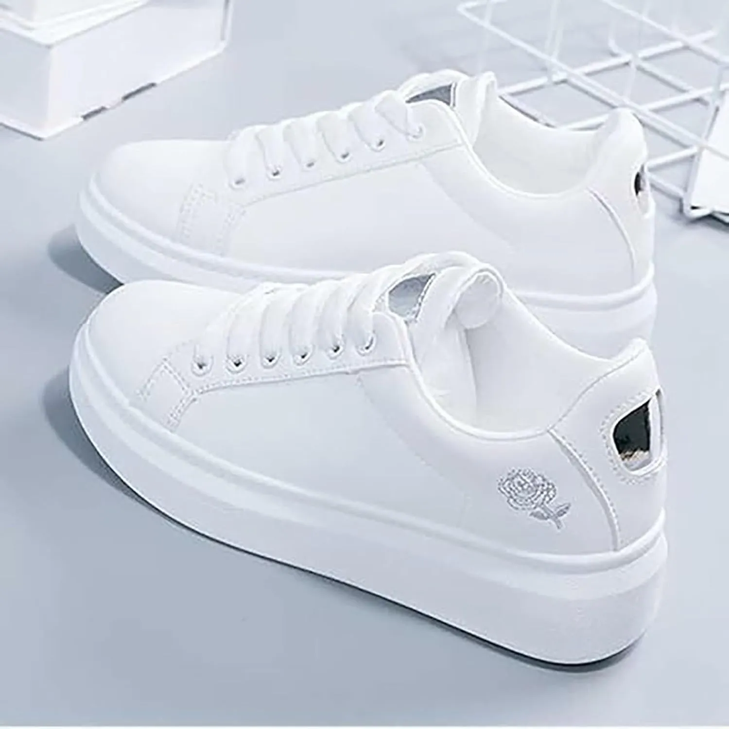 Woman Tennis Shoes White Lace Up Flat Fashion Athletic Shoes Casual Cute Lightweight Running Walking Sport Sneakers