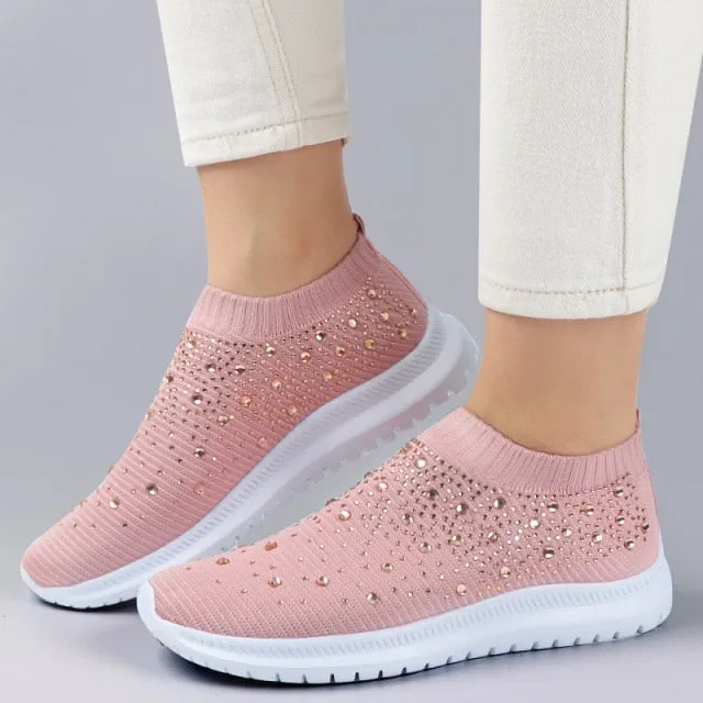Women Trainers Sneakers Slip-on Sock Shoes Sparkly Crystal Zapatillas
