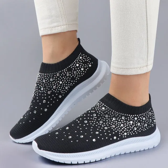 Women Trainers Sneakers Slip-on Sock Shoes Sparkly Crystal Zapatillas