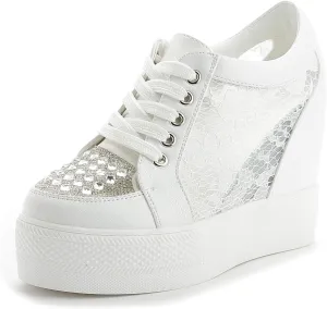 Women Wedges Sneakers with Hidden Heel Ankle High Platform Walking Shoes Fashion Bride Wedding Shoes