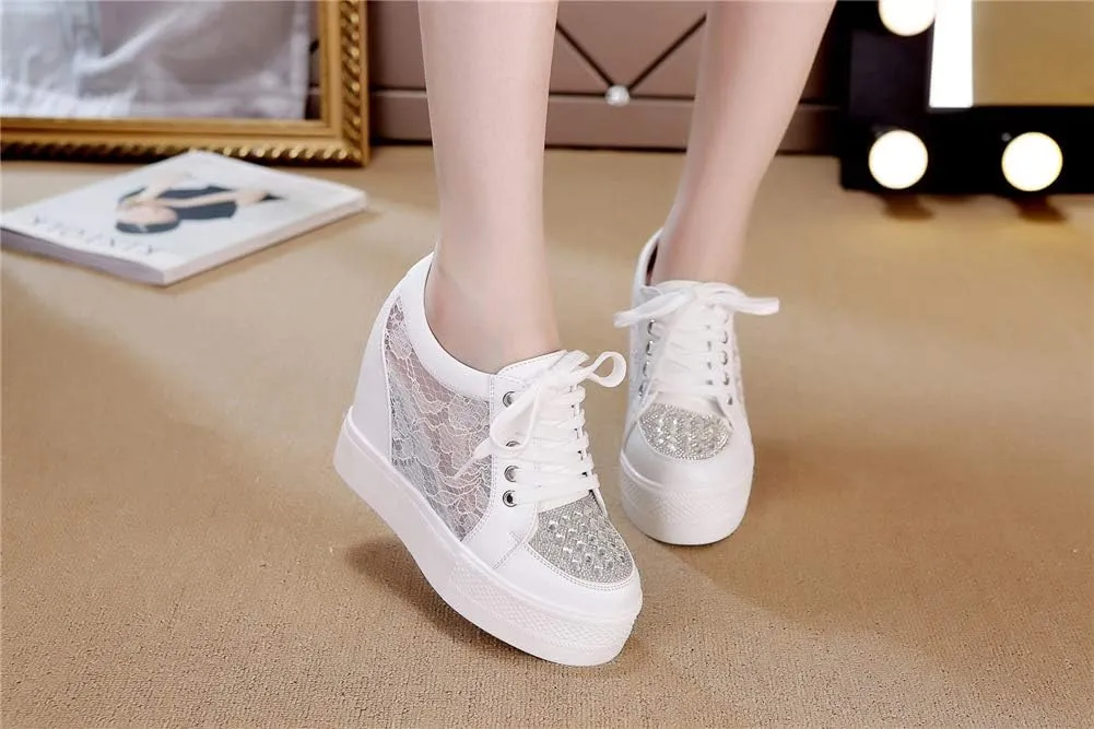 Women Wedges Sneakers with Hidden Heel Ankle High Platform Walking Shoes Fashion Bride Wedding Shoes