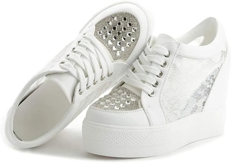 Women Wedges Sneakers with Hidden Heel Ankle High Platform Walking Shoes Fashion Bride Wedding Shoes