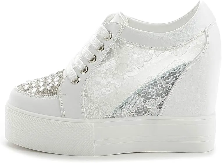 Women Wedges Sneakers with Hidden Heel Ankle High Platform Walking Shoes Fashion Bride Wedding Shoes