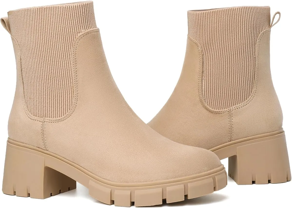 Womens Ankle Boots Lug Sole Comfortable Slip On Chelsea Booties Elastic Gore