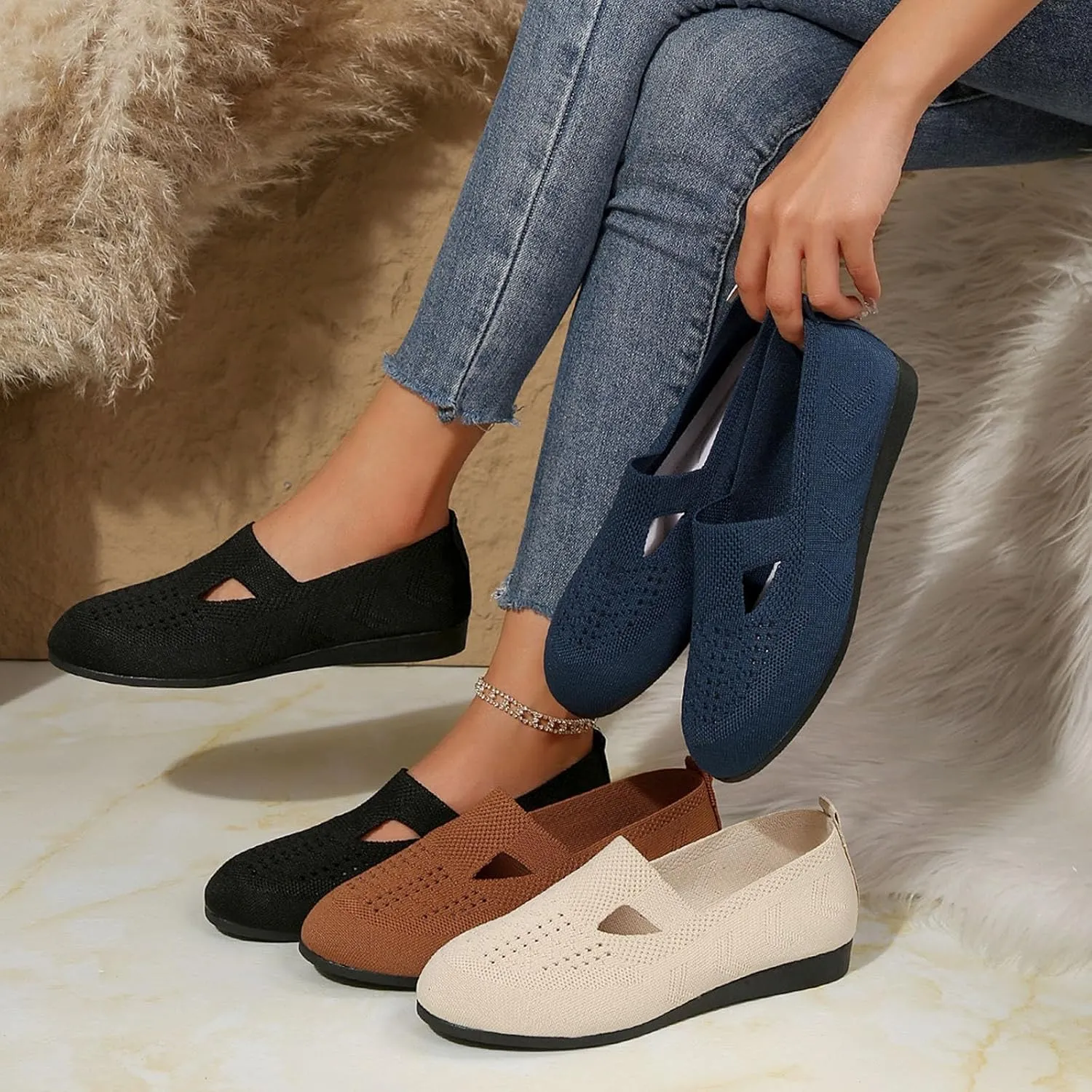 Women's Ballet Flats Soft Knit Lightweight Round Toe Slip On Comfort Ballerina Flat Shoes for Walking
