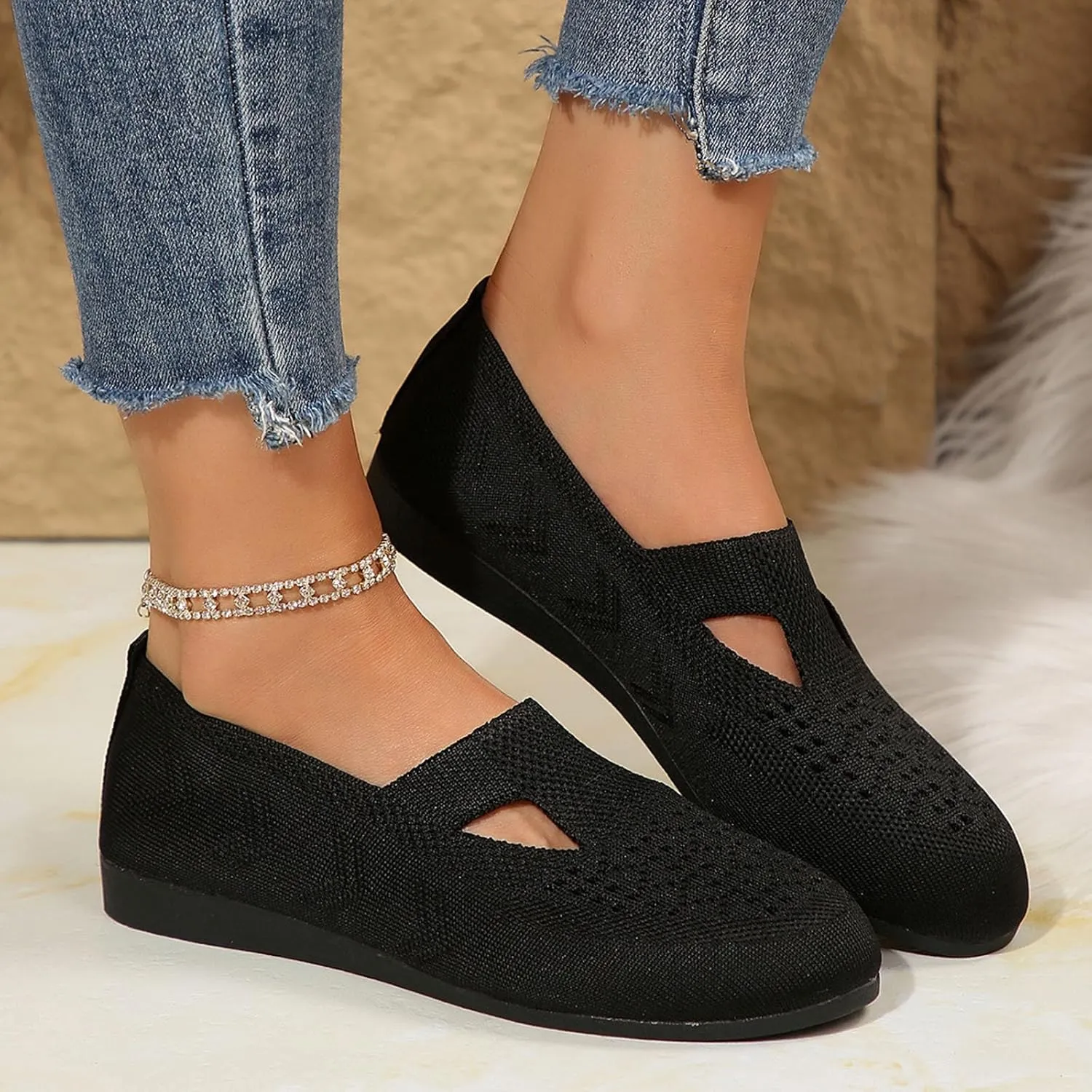 Women's Ballet Flats Soft Knit Lightweight Round Toe Slip On Comfort Ballerina Flat Shoes for Walking
