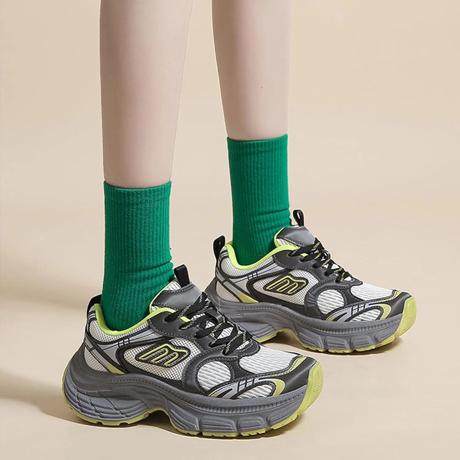 Women's Breathable Dad Shoes Spring Autumn Mesh Thick-Soled White Sneakers Casual Trainers Fashion Lace-up Sports Shoes