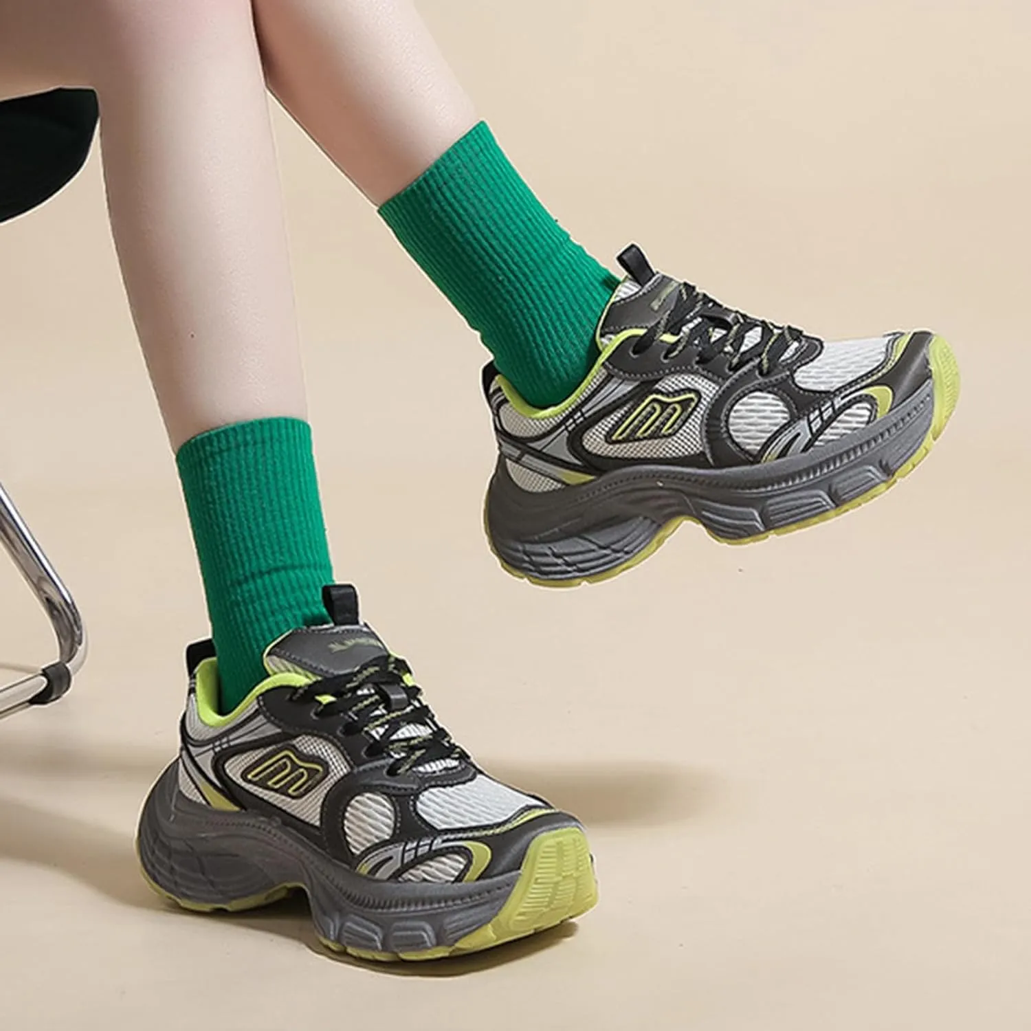 Women's Breathable Dad Shoes Spring Autumn Mesh Thick-Soled White Sneakers Casual Trainers Fashion Lace-up Sports Shoes