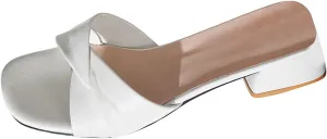 Women's Chunky Heel Sandals 2025 Square Toe Slip On Low Heels Solid Color Block Sandal with Twist Knot Bow Ladies Comfy Summer Orthopedic Slides Causal Daily Shoes for Bridal Evening Cocktail
