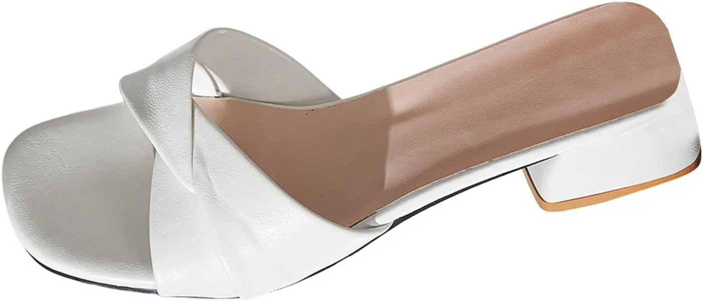 Women's Chunky Heel Sandals 2025 Square Toe Slip On Low Heels Solid Color Block Sandal with Twist Knot Bow Ladies Comfy Summer Orthopedic Slides Causal Daily Shoes for Bridal Evening Cocktail