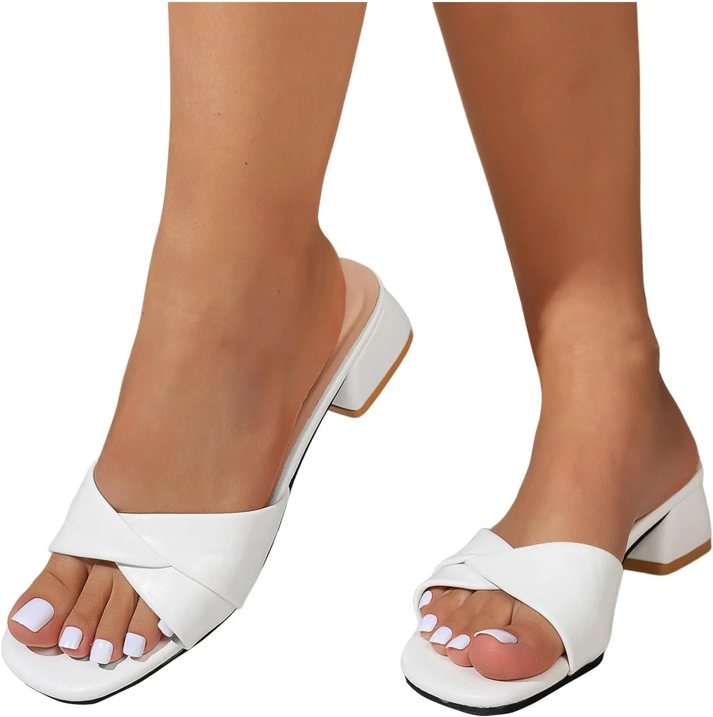 Women's Chunky Heel Sandals 2025 Square Toe Slip On Low Heels Solid Color Block Sandal with Twist Knot Bow Ladies Comfy Summer Orthopedic Slides Causal Daily Shoes for Bridal Evening Cocktail