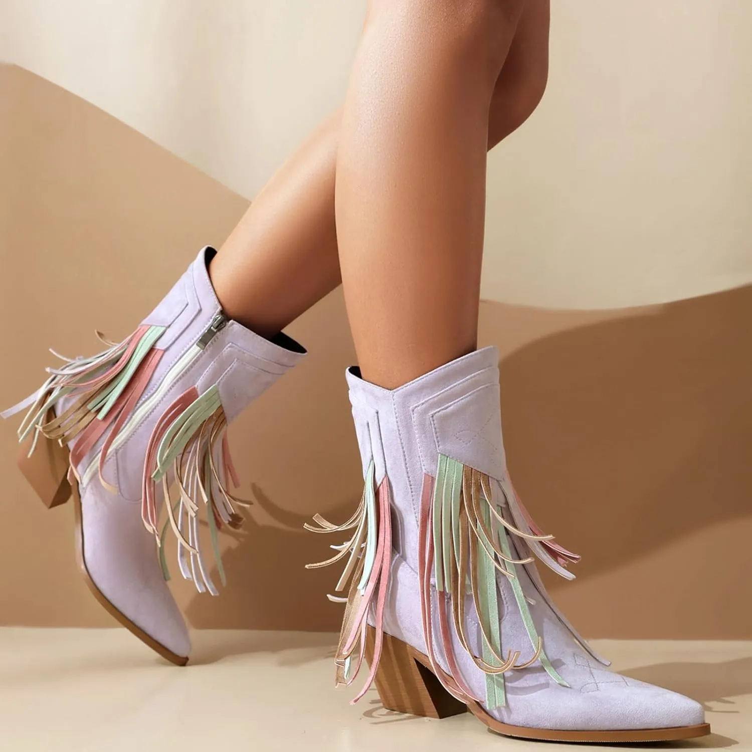 Women's Classic Fringe Cowgirl Boots Faux Suede Western Mid Calf Boots Slip On Pointed Toe Black Cowboy Boots Chunky Heel Country Ankle Boots