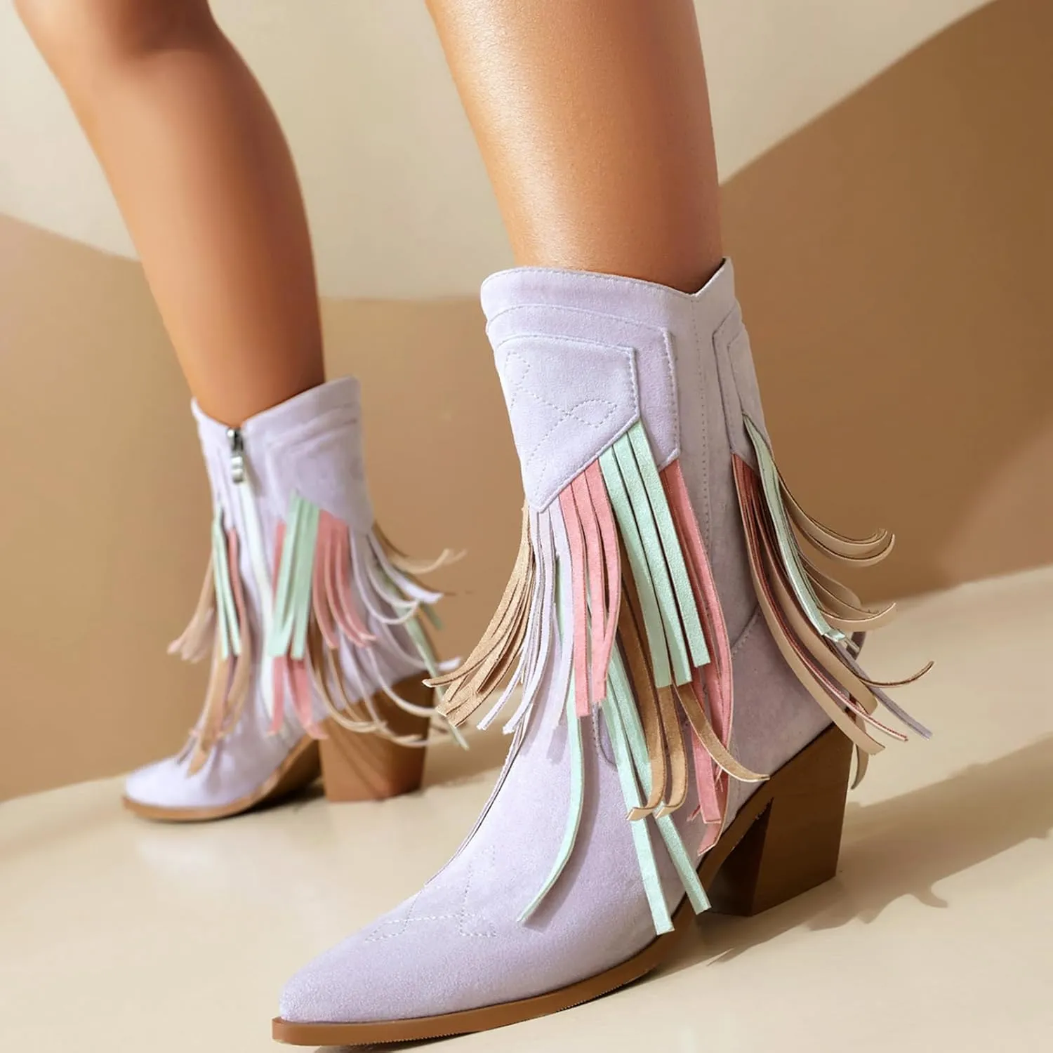 Women's Classic Fringe Cowgirl Boots Faux Suede Western Mid Calf Boots Slip On Pointed Toe Black Cowboy Boots Chunky Heel Country Ankle Boots