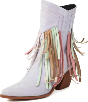Women's Classic Fringe Cowgirl Boots Faux Suede Western Mid Calf Boots Slip On Pointed Toe Black Cowboy Boots Chunky Heel Country Ankle Boots