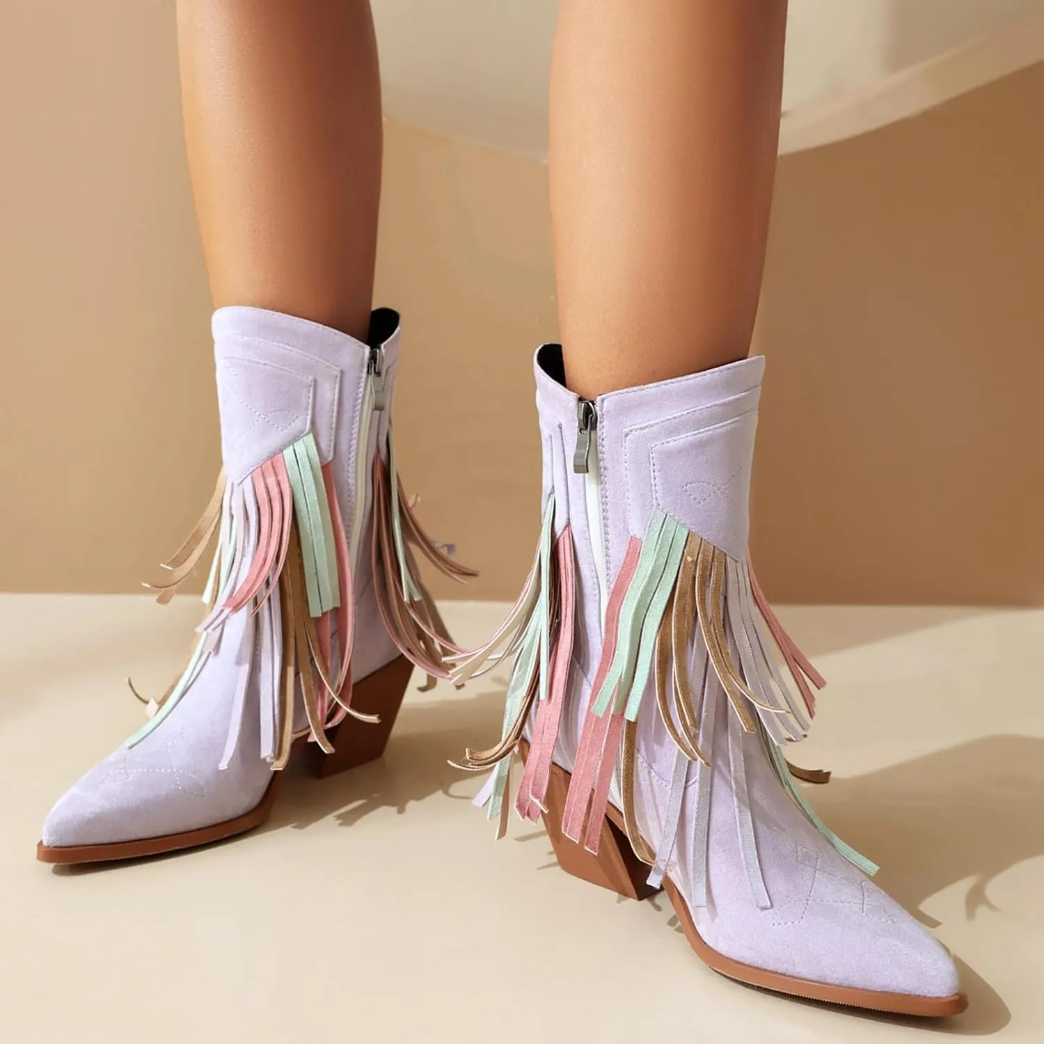Women's Classic Fringe Cowgirl Boots Faux Suede Western Mid Calf Boots Slip On Pointed Toe Black Cowboy Boots Chunky Heel Country Ankle Boots