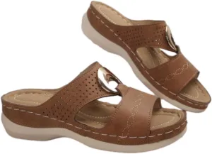 Women's Classic Leather Sandals Lightweight Flat Sandals Cute Hollow Out Flower One Stirrup Casual Walking Slippers, 4