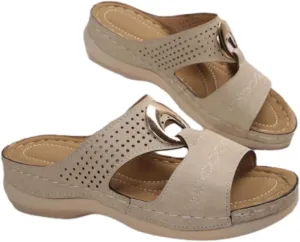 Women's Classic Leather Sandals Lightweight Flat Sandals Cute Hollow Out Flower One Stirrup Casual Walking Slippers, 4