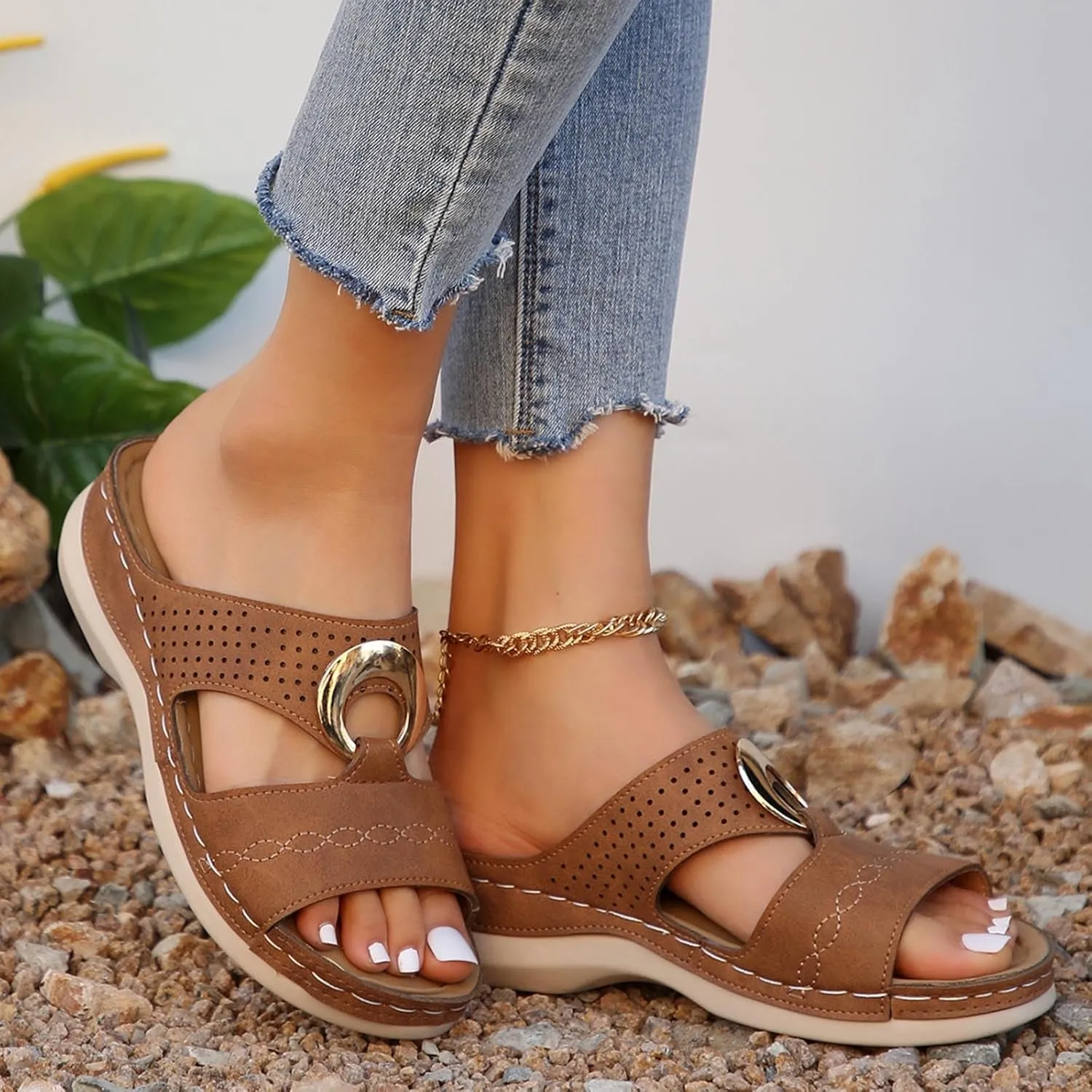Women's Classic Leather Sandals Lightweight Flat Sandals Cute Hollow Out Flower One Stirrup Casual Walking Slippers, 4