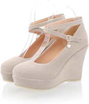 Womens Cross Strap Dress Pumps Slip On Comfortable Casual Round Toe Platform Wedge High Heel Shoes