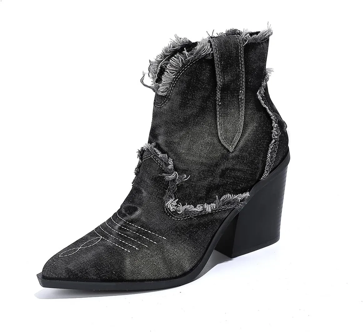 Women's Denim Chunky Heeled Cowboy Boots, Raw Trim Pointed Toe Side Zipper Western Boots, Retro Ankle Booties