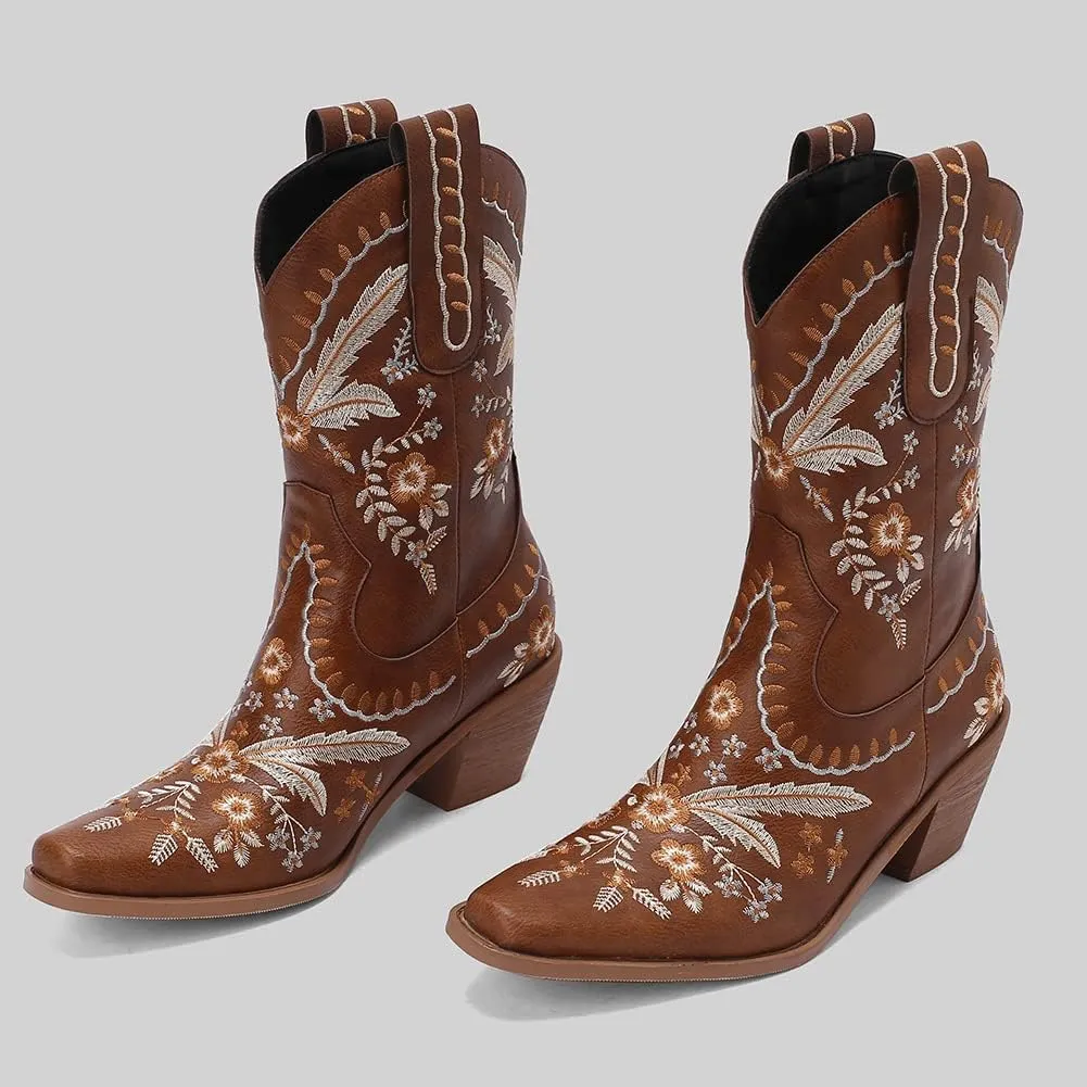 Womens Embroidered Cowgirl Boots Pull On Cowboy Boots for Women Floral Low Chunky Heel Western Boots