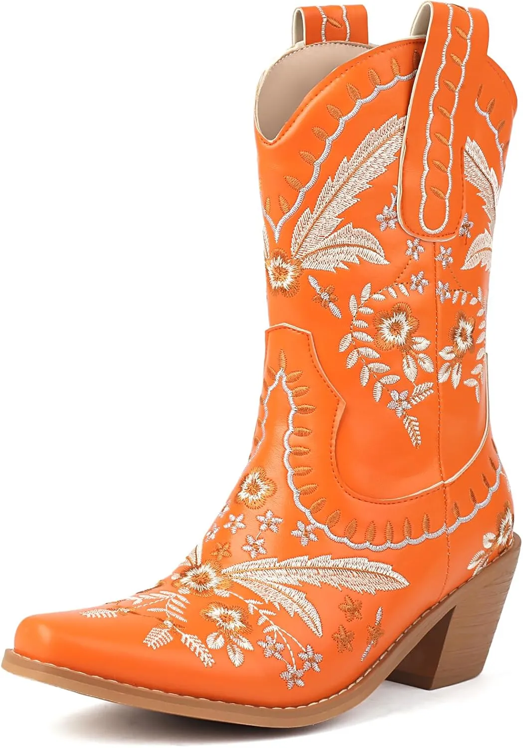 Womens Embroidered Cowgirl Boots Pull On Cowboy Boots for Women Floral Low Chunky Heel Western Boots