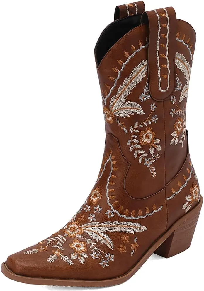 Womens Embroidered Cowgirl Boots Pull On Cowboy Boots for Women Floral Low Chunky Heel Western Boots