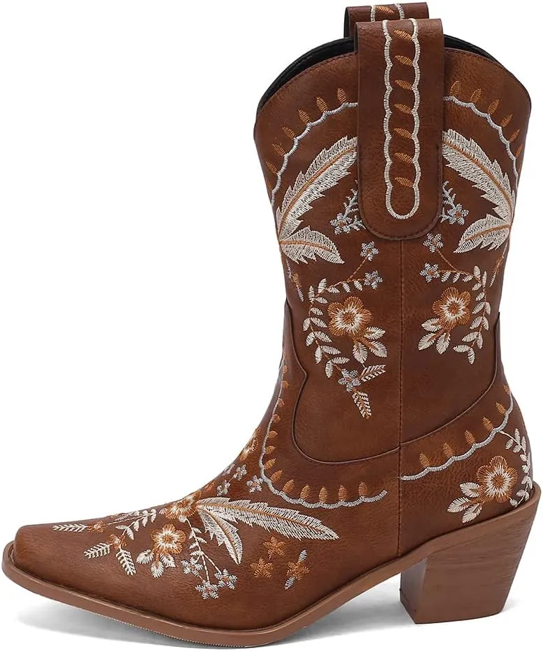 Womens Embroidered Cowgirl Boots Pull On Cowboy Boots for Women Floral Low Chunky Heel Western Boots